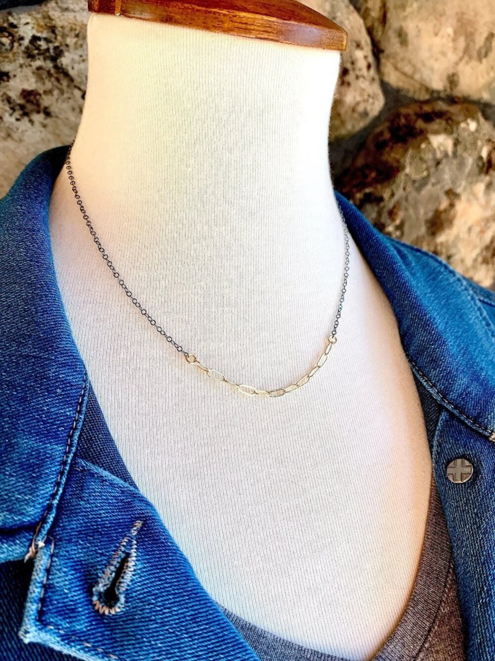 Two-Tone Paperclip Necklace, Gold Filled & Oxidized Silver Chain, Layering